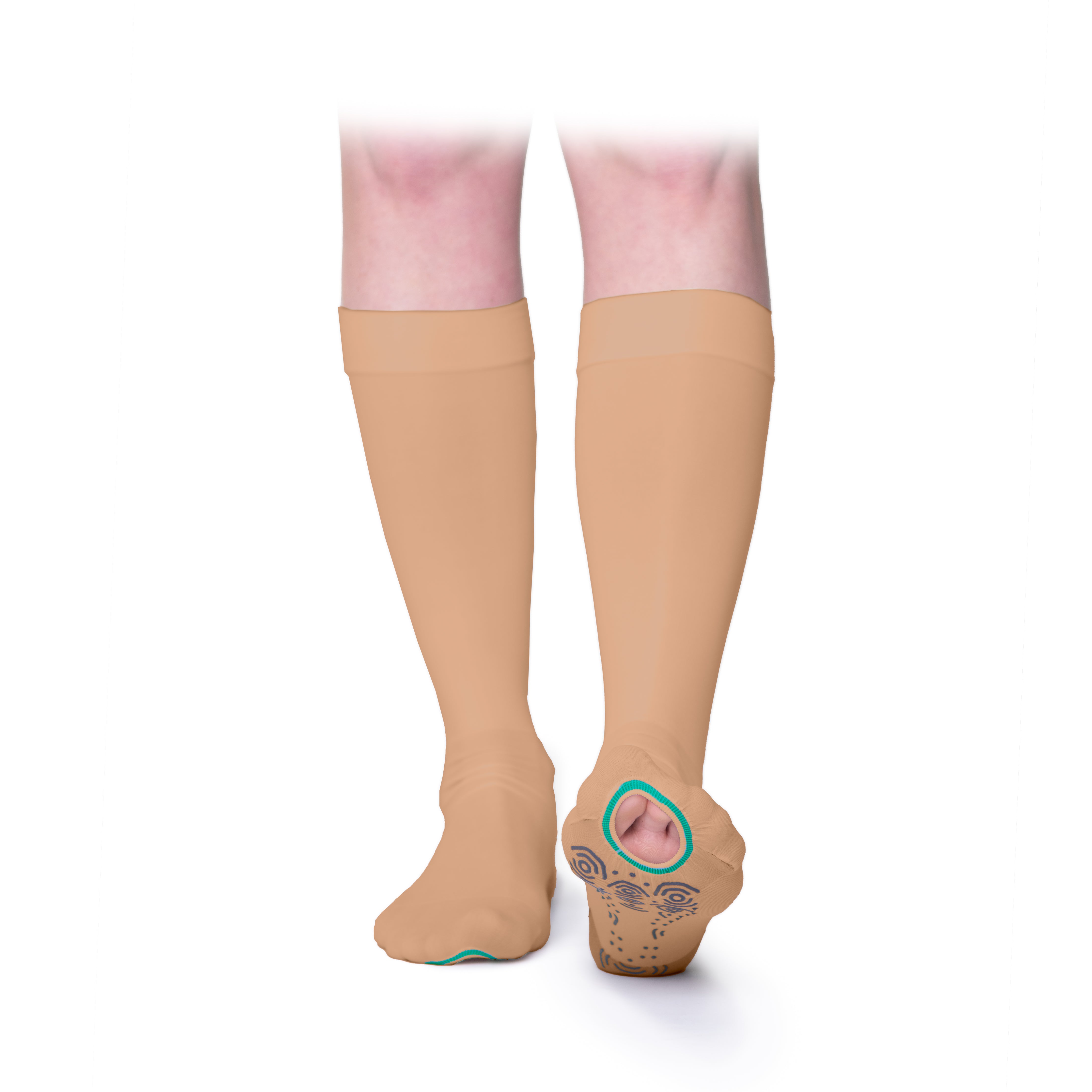 A pair of AES Open Toe grip medical compression socks - in beige - below knee length