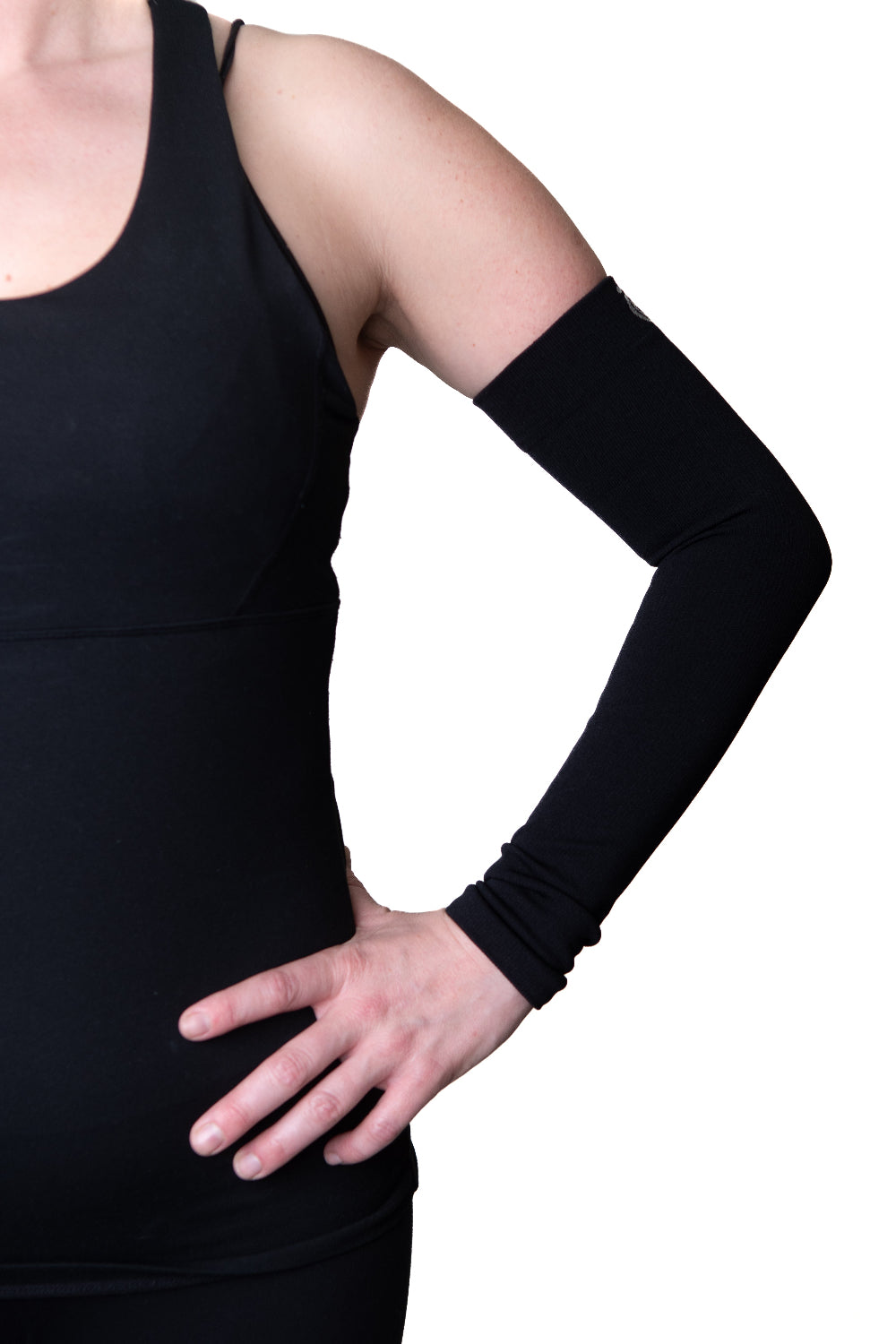 FITLEGs arm compression sleeve by G+N Health. In black, shown on models left arm.