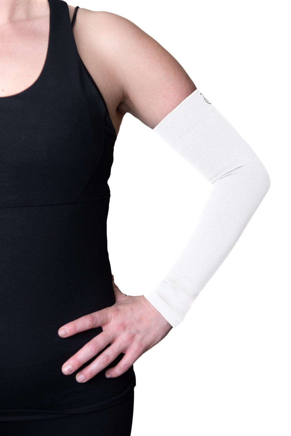 FITLEGs arm compression sleeve by G+N Health. In white, shown on models left arm.