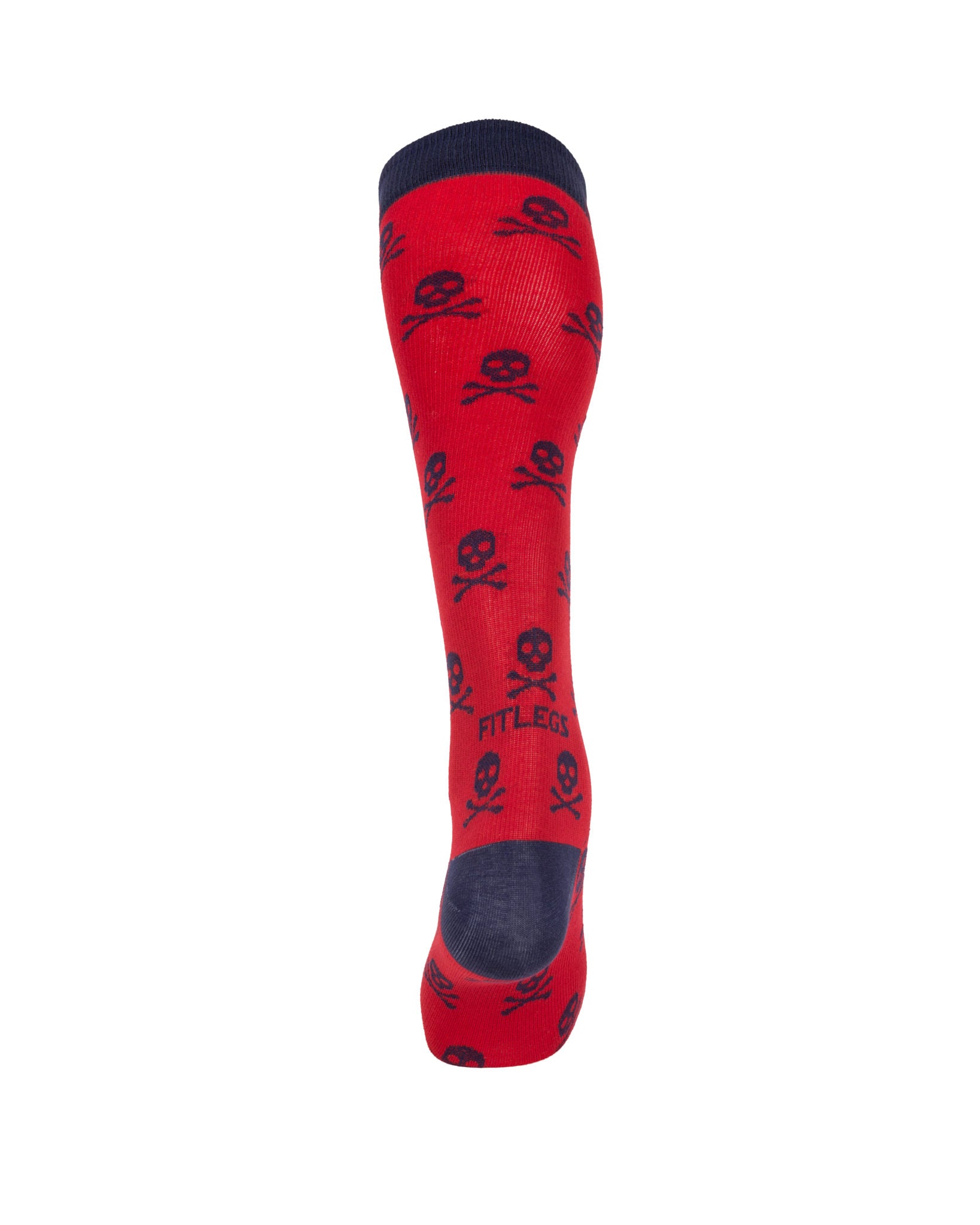 fitlegs everyday life knee high compression socks in red and blue, with skull and crossbones repeated pattern - back of sock