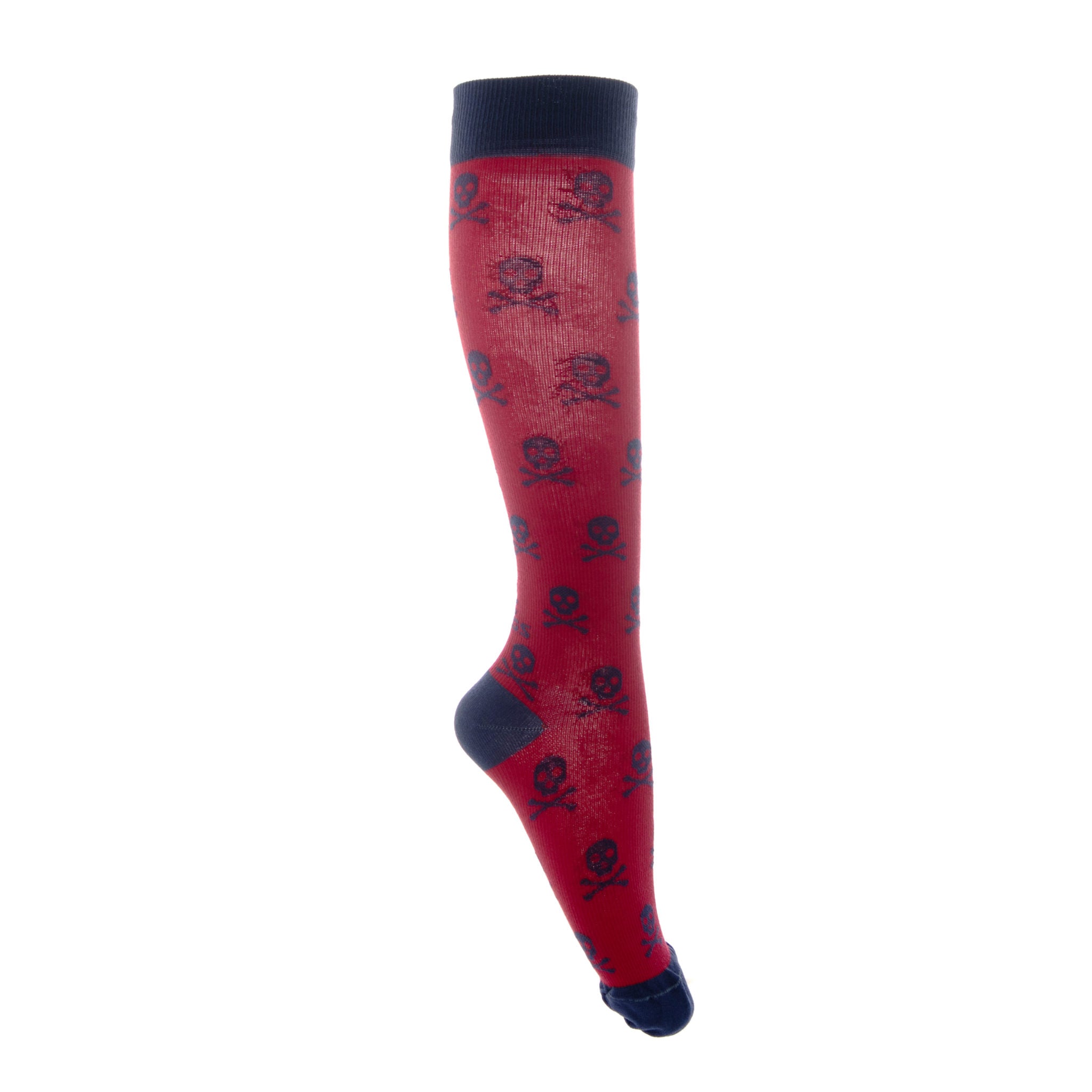 fitlegs everyday life knee high compression socks in red and blue, with skull and crossbones repeated pattern