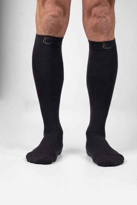 Fitlegs bamboo compression socks - below knee- black- product shot front of legs