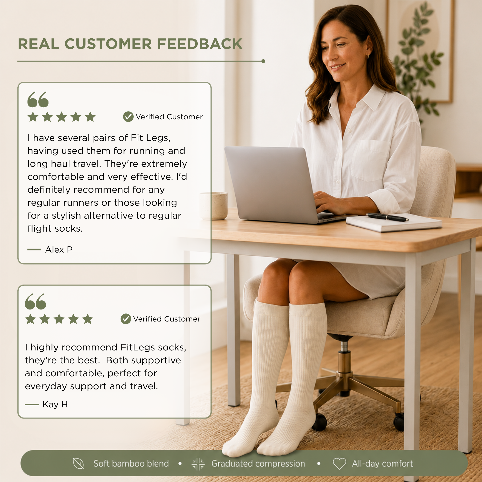 A woman sits at a desk wearing white knee-high compression socks and a white blouse, with two large customer review callouts on the left. The image includes text about Fit Legs socks and product benefits at the bottom.