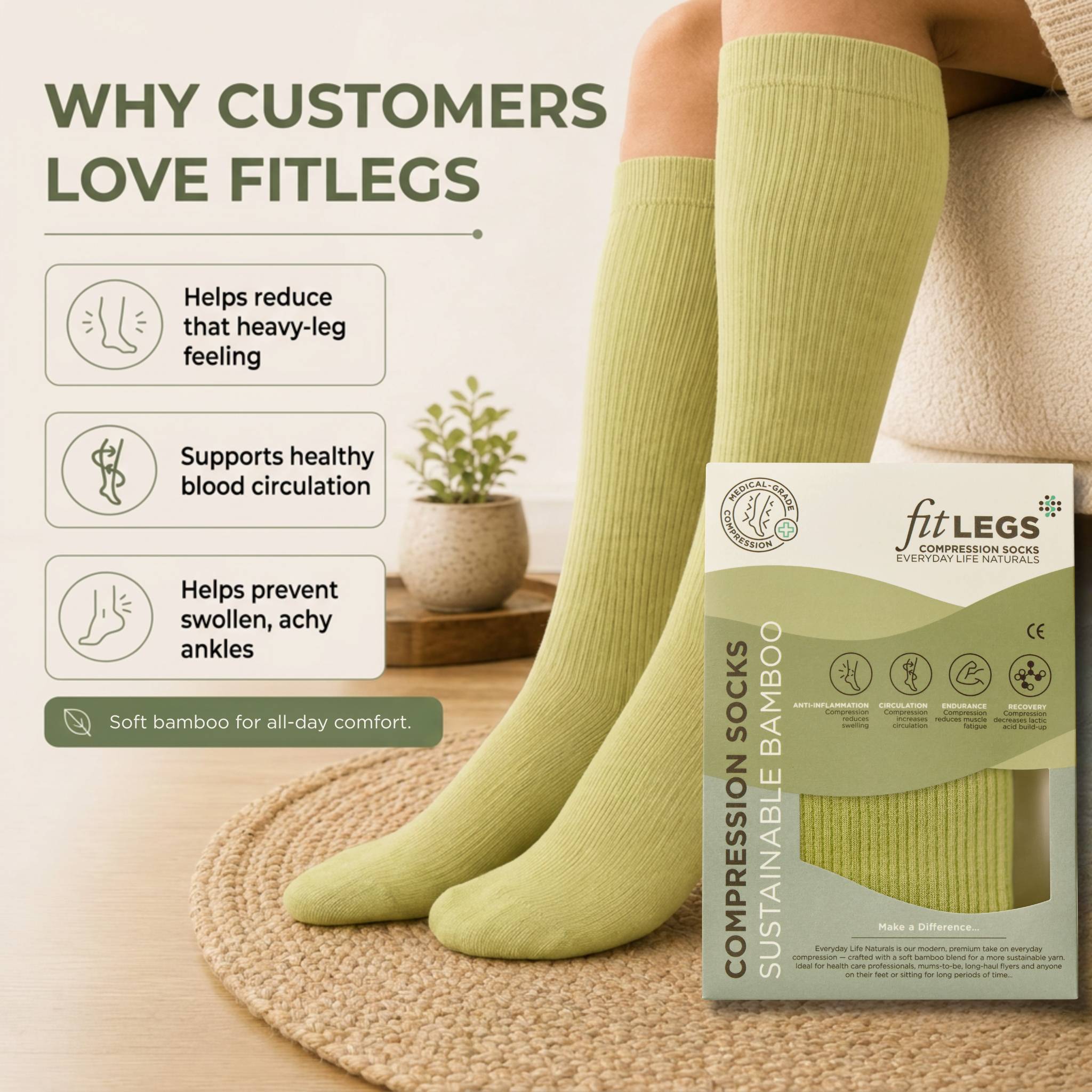 A pair of light olive green compression socks worn on a person's legs, shown alongside the product packaging box and promotional text highlighting benefits like reduced heaviness in legs, healthy blood circulation, and prevention of swelling.