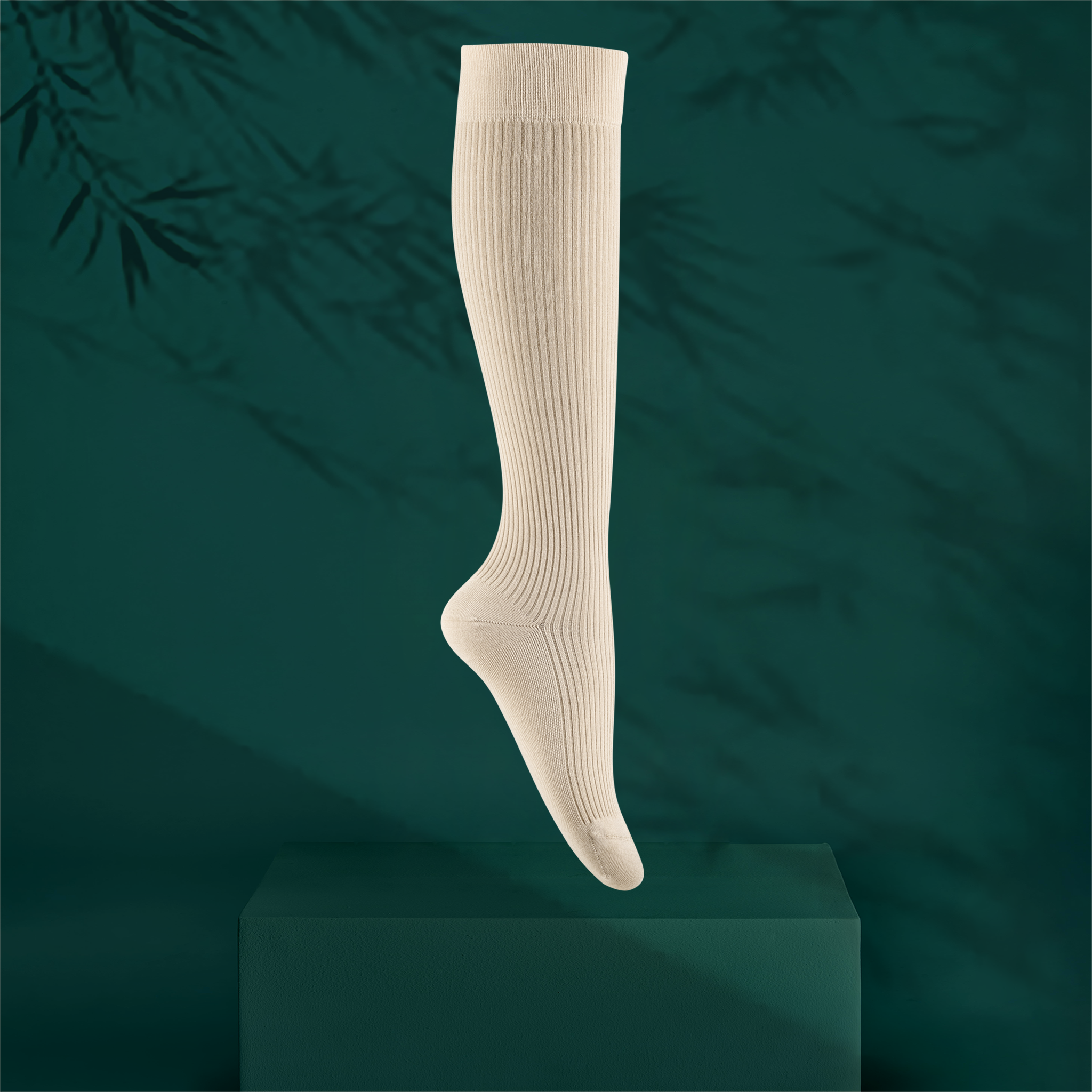 A single ribbed knee-high sock in a beige creamy birch colour, shown floating above a dark green pedestal against a dark teal background with soft bamboo leaf shadows.
